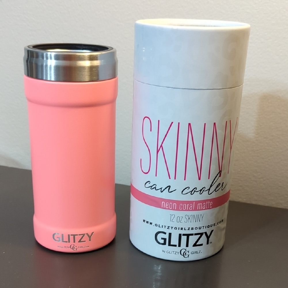 Glitzy Neon Coral Matte Skinny Can Cooler